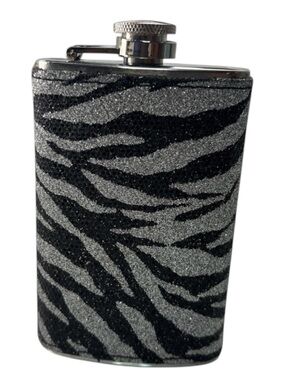 Glitter Zebra Print Flask 5oz Silver Black Stainless Steel Hip Flask – Sparkly